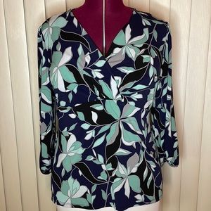 Alfani Navy Floral V-Neck Blouse with Mint, White & Black Accents XL